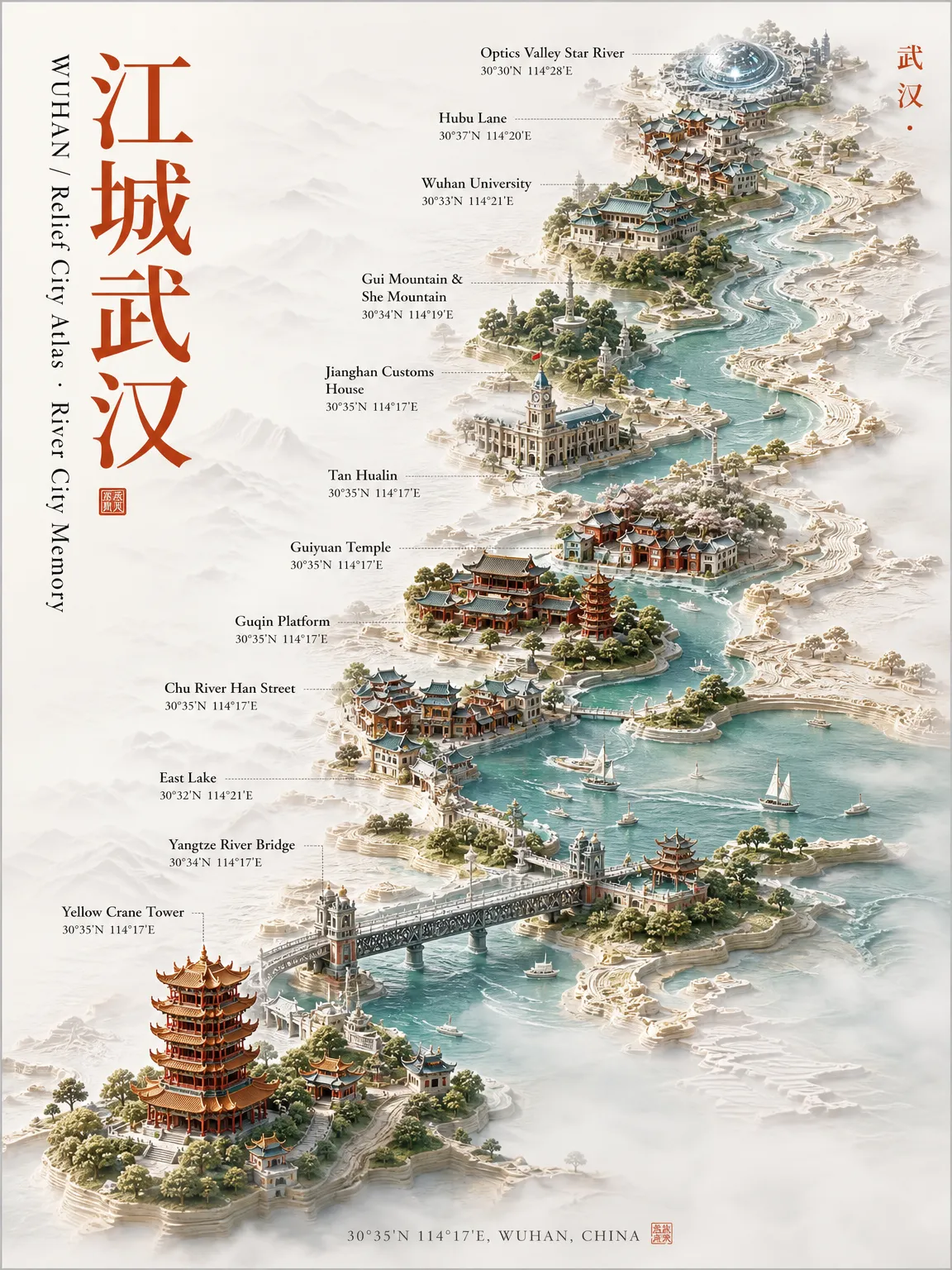 竖版文旅海报,主题“江城武汉”,3D石膏地形...
